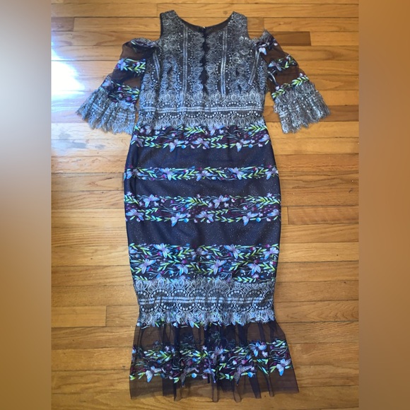 Marchesa Notte Cold-shoulder embroidered lace and tulle midi dress 12 NEW - Picture 7 of 12